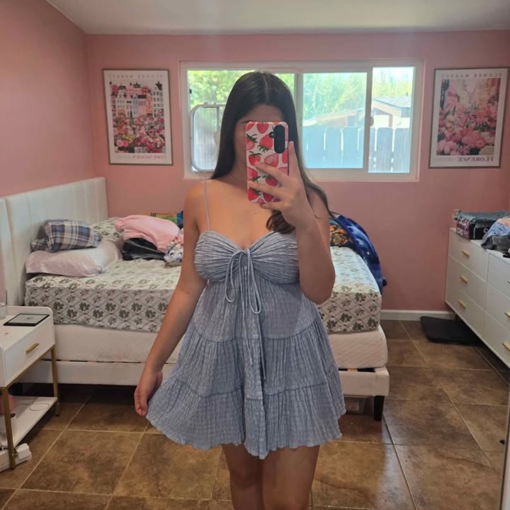 💙 Blue Tiered Mini Dress w/ Built-In Padding – Fits Size Small